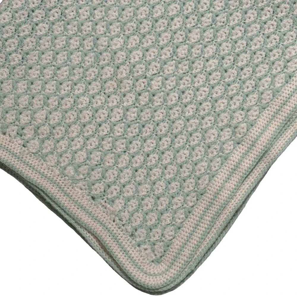 Vintage Baby Blanket Throw Crochet Afghan Unisex White‎ Green Crib 34 X 40